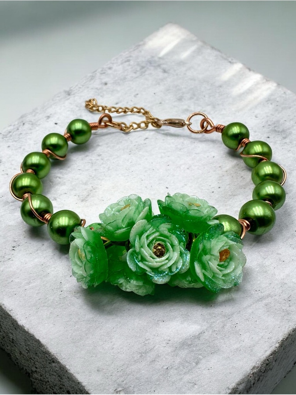 Green Rose Flower Pearl Beaded Bracelet Copper Wire Handmade Jewelry